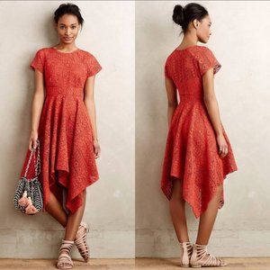 MAEVE Anthropologie Orange Guipure Lace Pleated Cap-Sleeve Midi Dress size 2